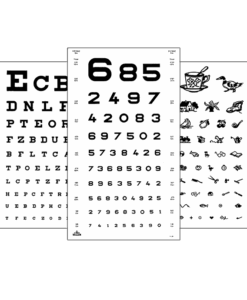 3 eye charts showing visual acuity values of numbers, letters and objects to test children's vision