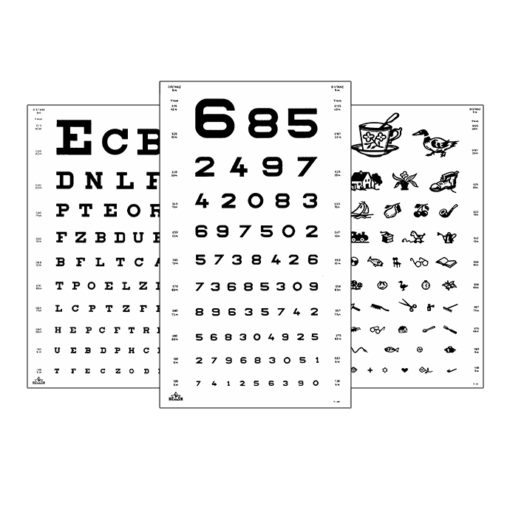 3 eye charts showing visual acuity values of numbers, letters and objects to test children's vision